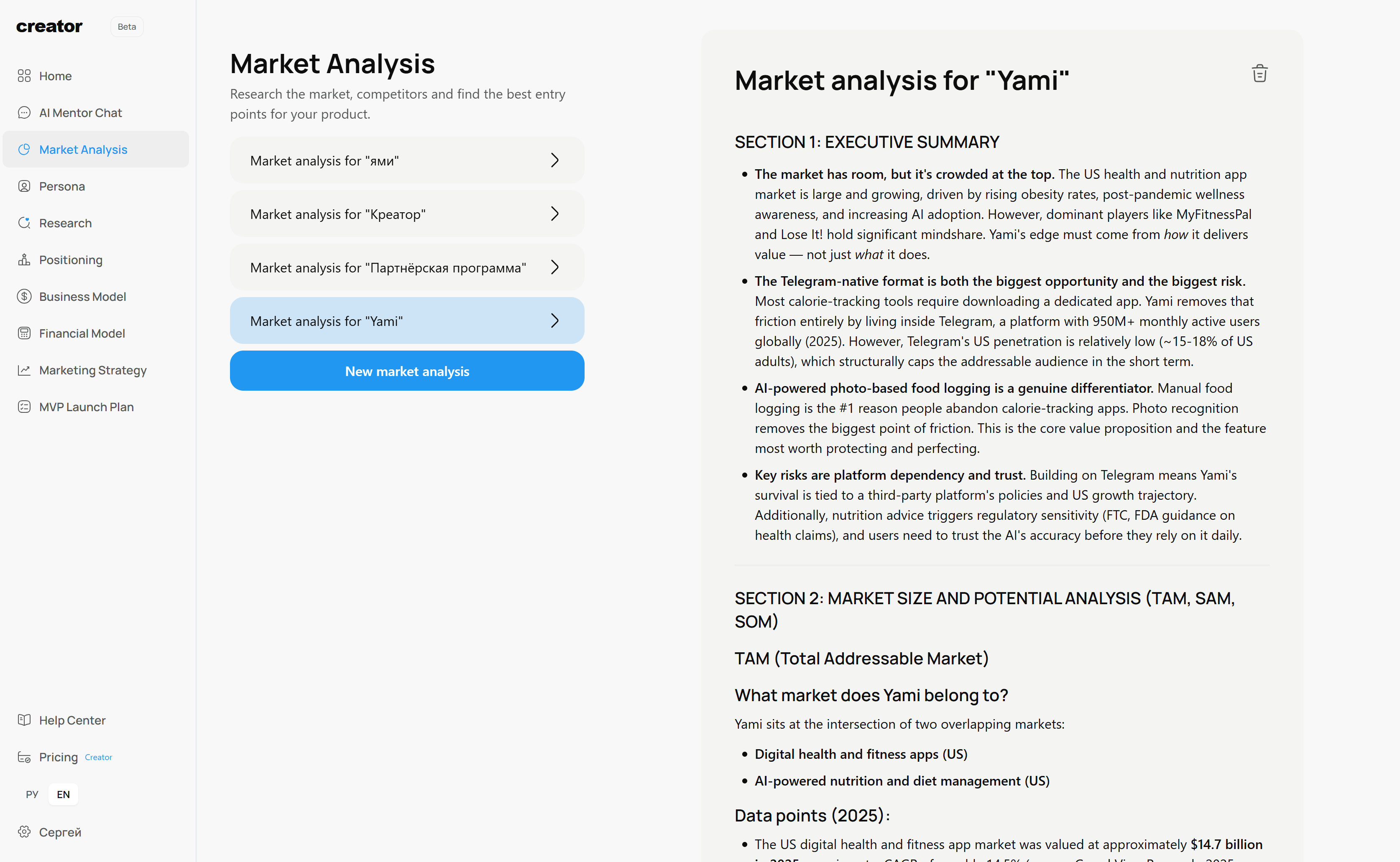 AI market analysis interface with TAM, SAM, SOM metrics and competitor breakdown