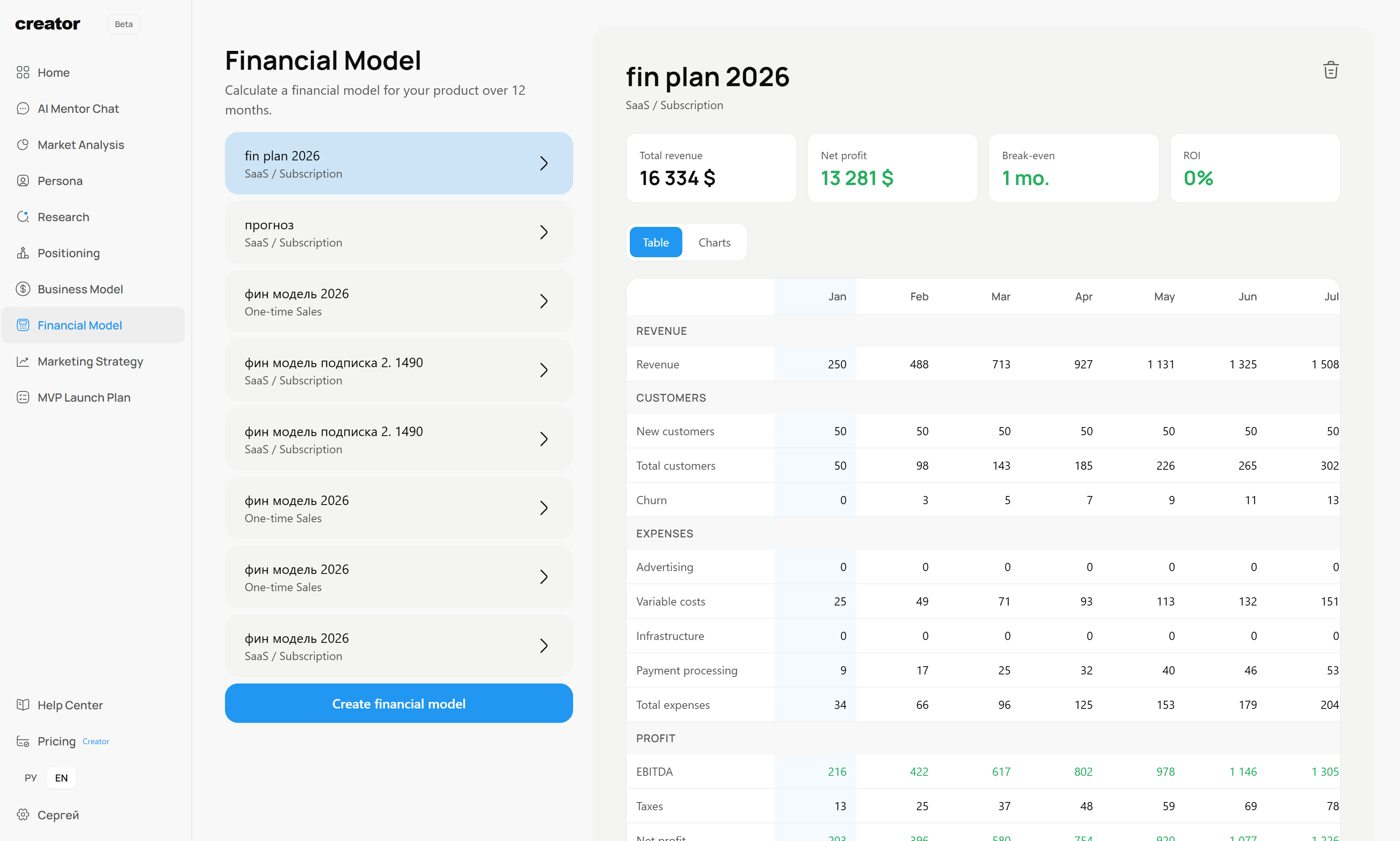 Financial model: 12-month revenue forecast, expenses and unit economics